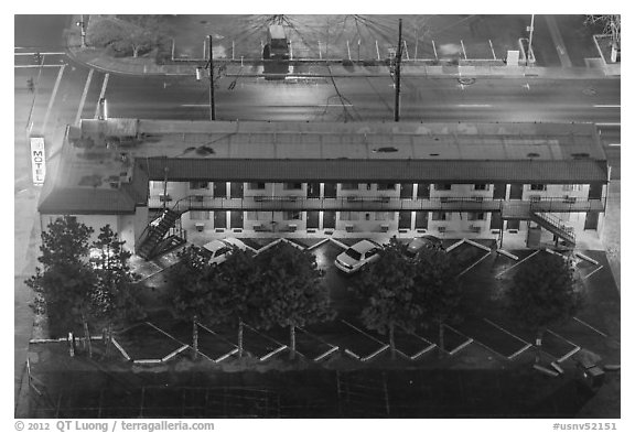 Motel from above on rainy night. Reno, Nevada, USA (black and white)