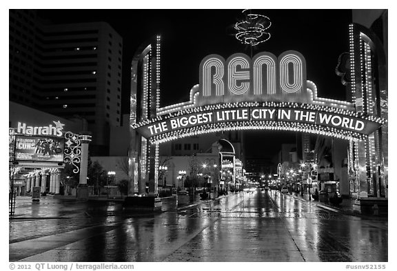 Biggest little city in the world sign and reflections. Reno, Nevada, USA (black and white)