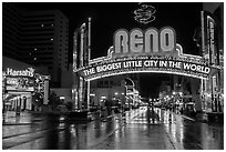 Biggest little city in the world sign and reflections. Reno, Nevada, USA (black and white)