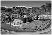 Dam with US 93 route traffic prior to bypass. Hoover Dam, Nevada and Arizona (black and white)