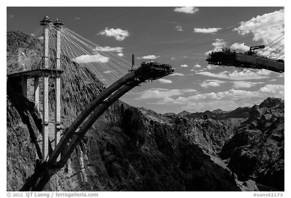 Pat Tillman Memorial Bridge (Hoover Dam Bypass) under construction. Hoover Dam, Nevada and Arizona (black and white)