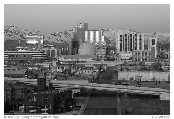 Winter dawn over downtown buildings. Reno, Nevada, USA (black and white)