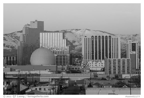 Reno skyline at sunrise in winter. Reno, Nevada, USA (black and white)