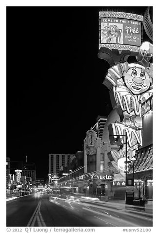 Giant neon sign on main street at night. Reno, Nevada, USA (black and white)