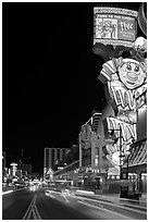Giant neon sign on main street at night. Reno, Nevada, USA (black and white)