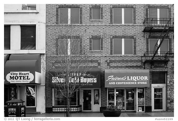 Downtown facade and businesses. Reno, Nevada, USA (black and white)