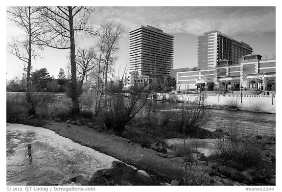 Riverwalk district in winter. Reno, Nevada, USA (black and white)