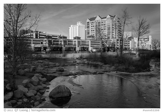 Riverwalk district buildings reflected in ice. Reno, Nevada, USA (black and white)