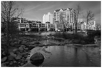 Riverwalk district buildings reflected in ice. Reno, Nevada, USA ( black and white)