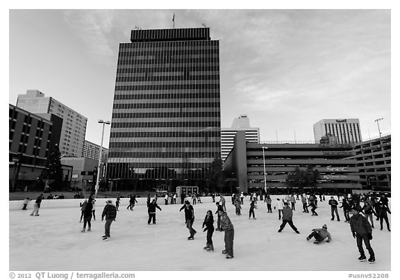 Ice rink and city hall. Reno, Nevada, USA (black and white)