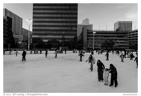 Skaters on holiday ice rink. Reno, Nevada, USA