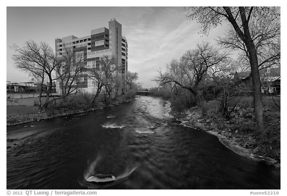 Truckee river, winter sunset. Reno, Nevada, USA (black and white)