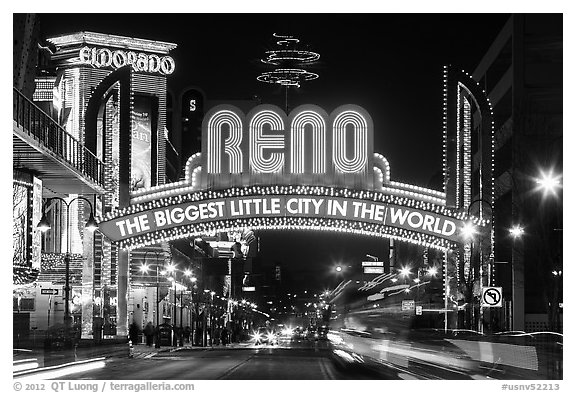 Virginia Street and Reno Arch with lights. Reno, Nevada, USA (black and white)