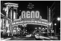 Virginia Street and Reno Arch with lights. Reno, Nevada, USA ( black and white)