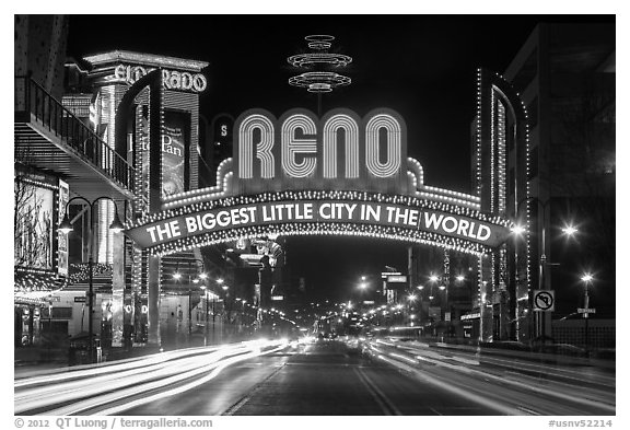 Reno Arch at night with light trails. Reno, Nevada, USA (black and white)