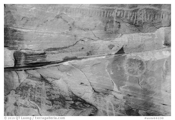 Petroglyphs and multicolored rock. Gold Butte National Monument, Nevada, USA (black and white)