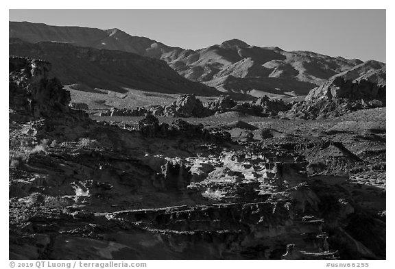 Mesa with eroded sandstone, Little Finland. Gold Butte National Monument, Nevada, USA (black and white)