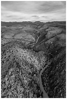 Aerial view of road and pinnacles, White River Narrows. Basin And Range National Monument, Nevada, USA ( black and white)