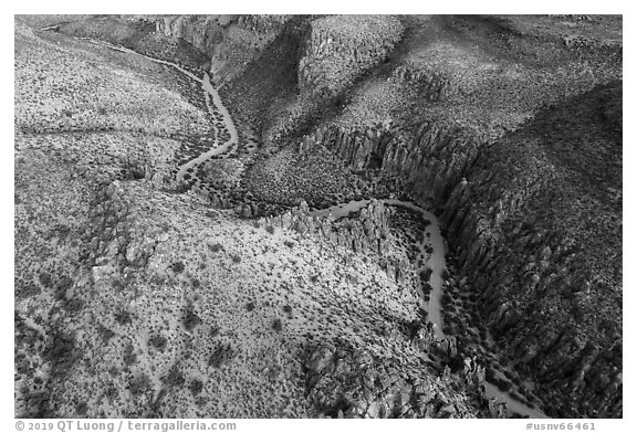 Aerial view of road through White River Narrows. Basin And Range National Monument, Nevada, USA (black and white)