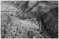 Aerial view of road through White River Narrows. Basin And Range National Monument, Nevada, USA ( black and white)