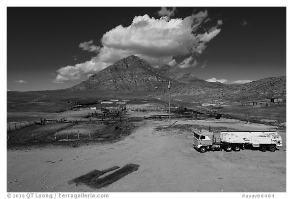 Aerial view of abandonned camp. Basin And Range National Monument, Nevada, USA (black and white)