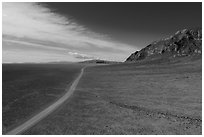 Aerial view of road through wide valley. Basin And Range National Monument, Nevada, USA ( black and white)