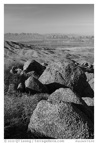 Boulders on Gold Butte Peak and Lake Mead. Gold Butte National Monument, Nevada, USA (black and white)
