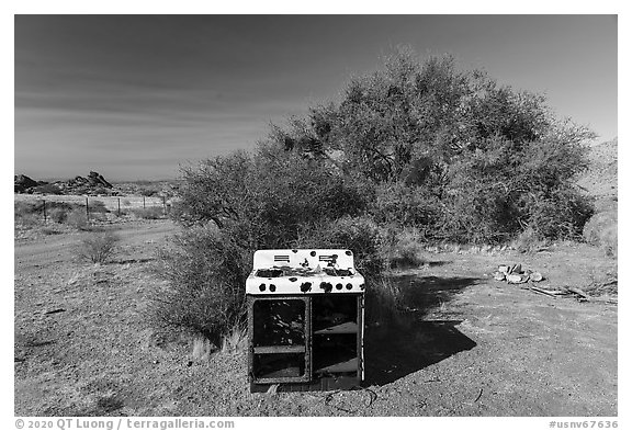 Abandonned stove, Gold Butte ghost town. Gold Butte National Monument, Nevada, USA (black and white)