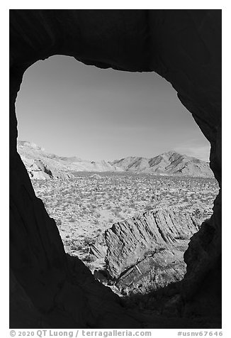 View through rock opening, Whitney Pocket. Gold Butte National Monument, Nevada, USA (black and white)