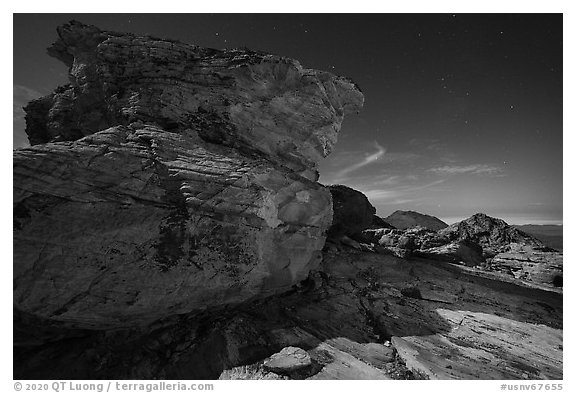 Falling Man Rock Art Site at night. Gold Butte National Monument, Nevada, USA (black and white)