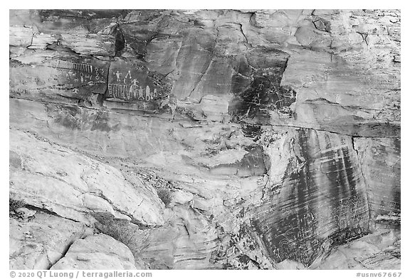 Cliff with petroglyph panels. Gold Butte National Monument, Nevada, USA (black and white)
