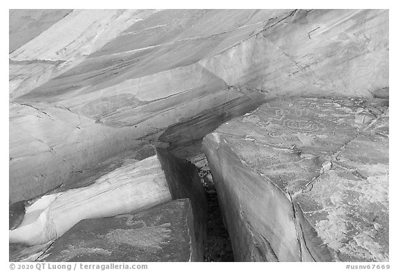 Rock art on flat rocks. Gold Butte National Monument, Nevada, USA (black and white)