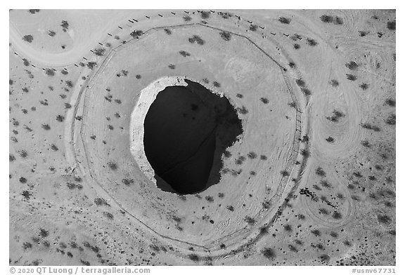 Aerial view of Devils Throat looking straight down. Gold Butte National Monument, Nevada, USA (black and white)