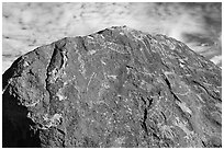 Boulder with densely packed petroglyphs and sky, Shooting Gallery. Basin And Range National Monument, Nevada, USA ( black and white)