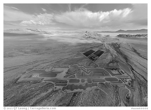 Aerial view of Michael Heizer's City. Basin And Range National Monument, Nevada, USA (black and white)