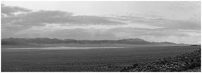 Garden Valley and Grant Range, sunrise. Basin And Range National Monument, Nevada, USA (Panoramic black and white)
