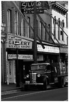 Old truck and storefronts. Virginia City, Nevada, USA (black and white)