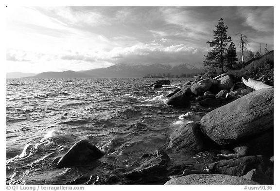 Rocky shore, Lake Tahoe, Nevada. USA (black and white)