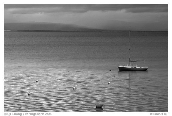 Boat, dusk, South Lake Tahoe, California. USA (black and white)