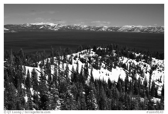 Lake in winter seen from the western mountains, Lake Tahoe, California. USA (black and white)