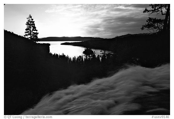 Water rushing down Eagle Falls, sunrise, Emerald Bay, California. USA (black and white)