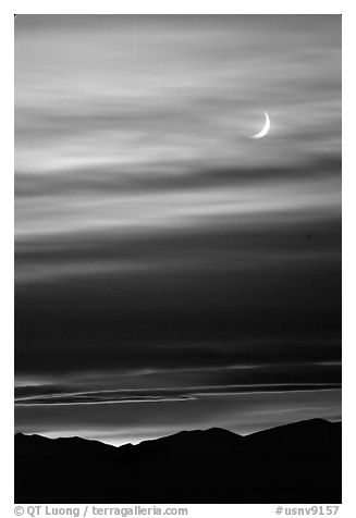 Crescent moon and mountain range. Nevada, USA (black and white)