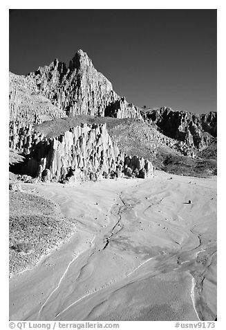 Mud plain below erosion spires, Cathedral Gorge State Park. Nevada, USA