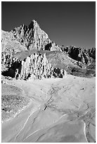 Mud plain below erosion spires, Cathedral Gorge State Park. Nevada, USA ( black and white)