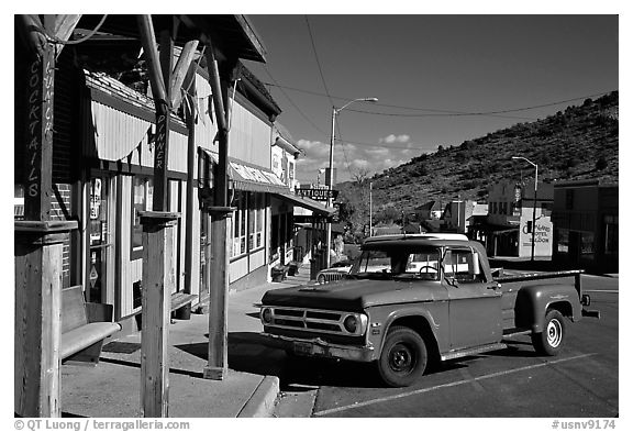 Red truck, main street, Pioche. Nevada, USA (black and white)