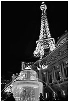 Fountain, opera house and Eiffel tower, Paris Las Vegas by night. Las Vegas, Nevada, USA (black and white)