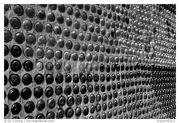 Detail of wall of the bottle house, Rhyolite. Nevada, USA (black and white)