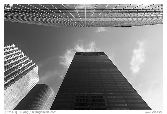 Looking up downtown skyscrapers. Houston, Texas, USA (black and white)