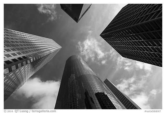 Looking up Skyline District high-rises. Houston, Texas, USA (black and white)
