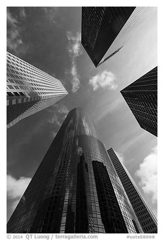 Looking up downtown District high-rises. Houston, Texas, USA (black and white)